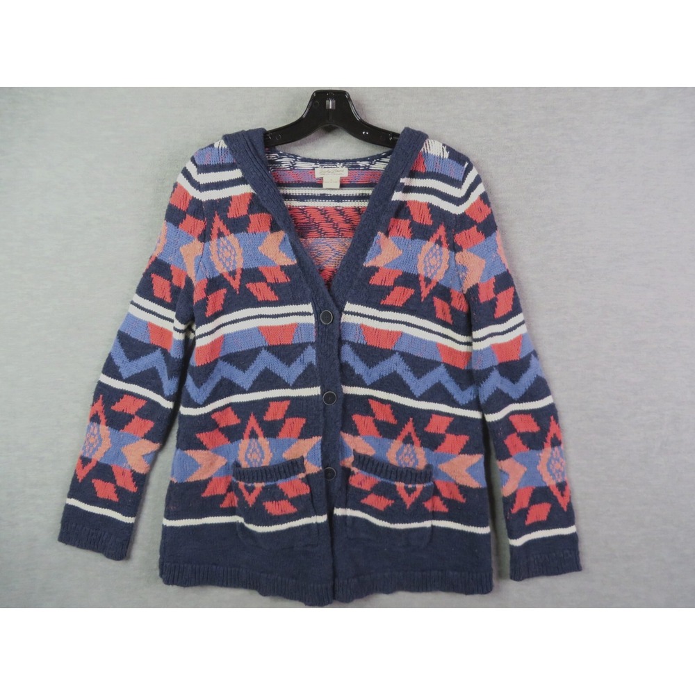 Lucky Brand Womens Sweater S Blue Hooded Cardigan Aztec Western Boho Chic Cabin